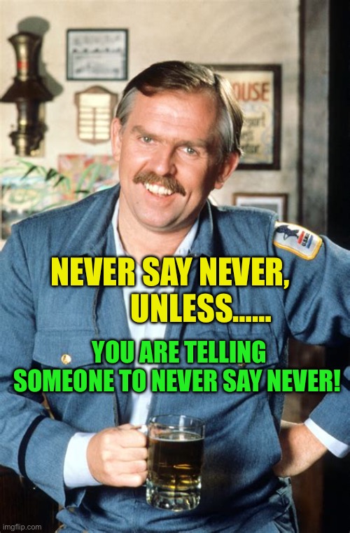 Then it’s okay | NEVER SAY NEVER,           UNLESS……; YOU ARE TELLING SOMEONE TO NEVER SAY NEVER! | image tagged in here s a little known fact,fun,food for thought | made w/ Imgflip meme maker