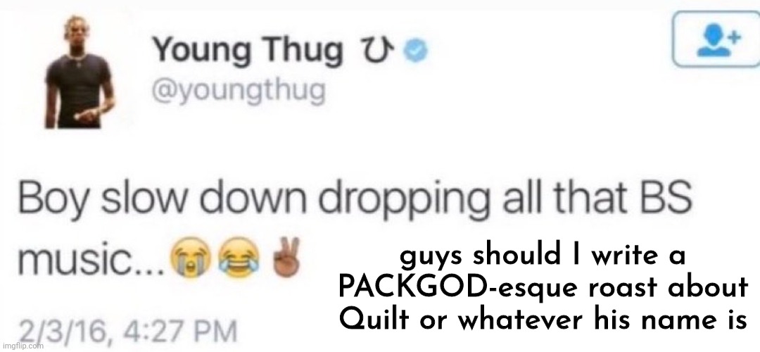 young thug | guys should I write a PACKGOD-esque roast about Quilt or whatever his name is | image tagged in young thug | made w/ Imgflip meme maker