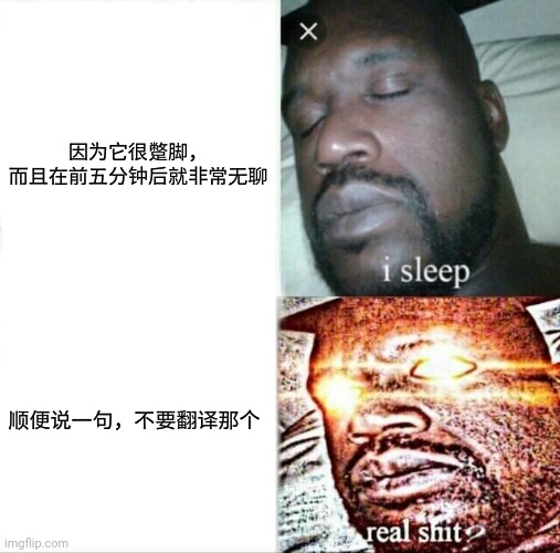 Sleeping Shaq | 因为它很蹩脚，
而且在前五分钟后就非常无聊; 顺便说一句，不要翻译那个 | image tagged in memes,sleeping shaq | made w/ Imgflip meme maker