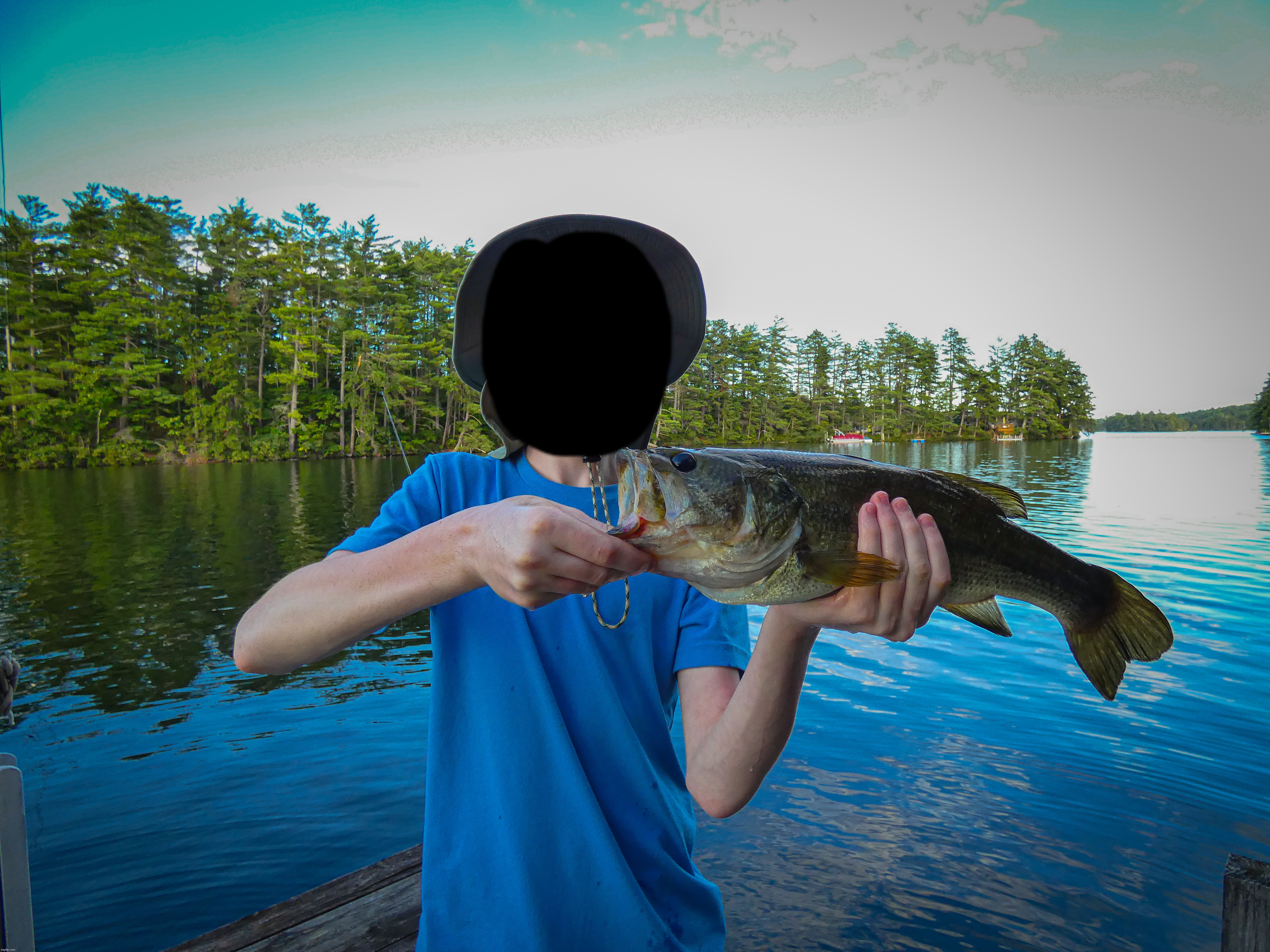 This is one of the 6 bass I caought up here at the lakehouse in NH today, it was about 3 pounds. | image tagged in share your photos | made w/ Imgflip meme maker