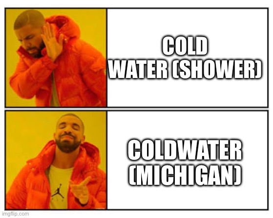 No - Yes | COLD WATER (SHOWER); COLDWATER (MICHIGAN) | image tagged in no - yes | made w/ Imgflip meme maker