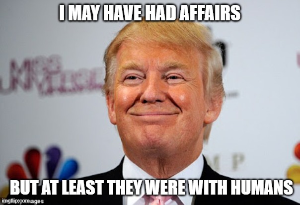 Donald trump approves | I MAY HAVE HAD AFFAIRS BUT AT LEAST THEY WERE WITH HUMANS | image tagged in donald trump approves | made w/ Imgflip meme maker
