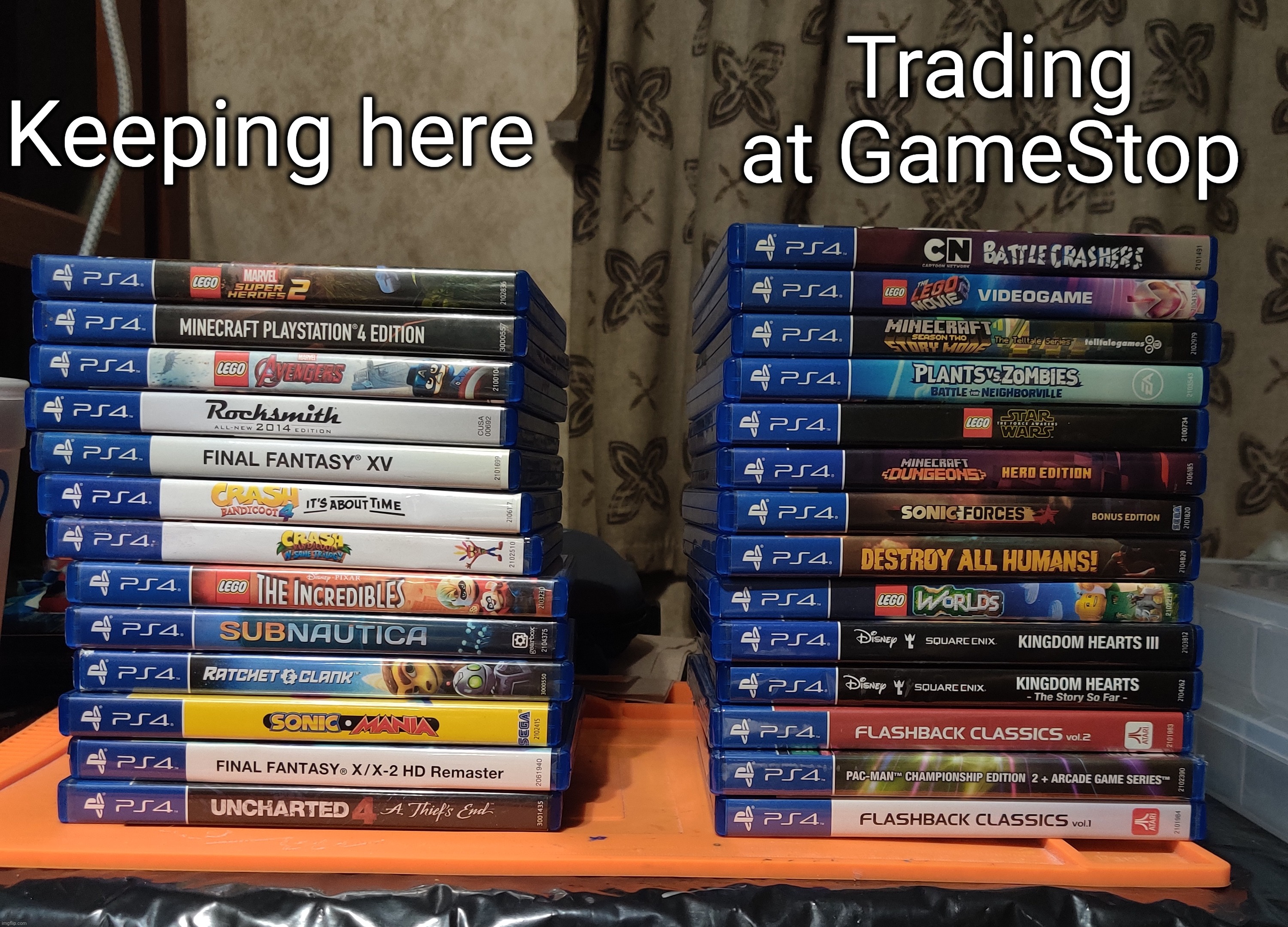 Reasons for each in comments. Idk I just thought it was weird that half of the games were ones I'm not interested in/don't need | Trading at GameStop; Keeping here | made w/ Imgflip meme maker