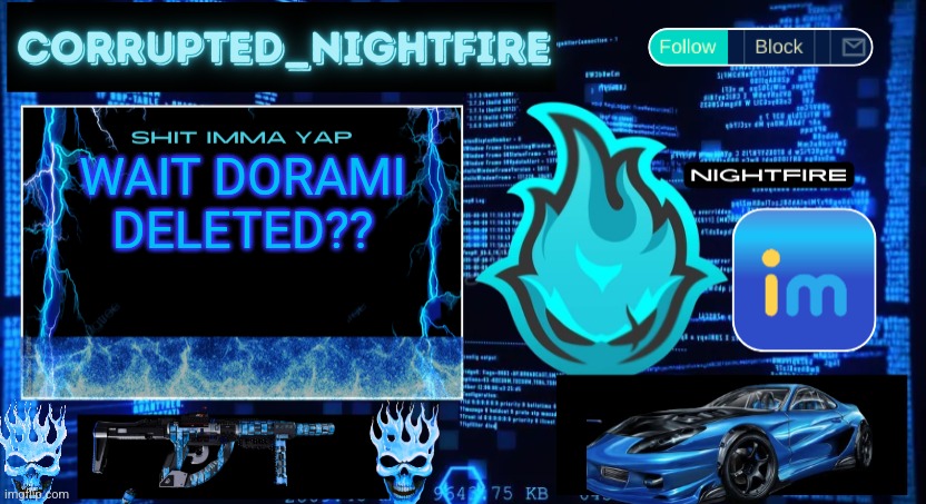 Nightfire's New Corrupted Template | WAIT DORAMI DELETED?? | image tagged in nightfire's new corrupted template | made w/ Imgflip meme maker