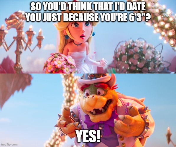 When you're 6 feet tall but still get no bitches: | SO YOU'D THINK THAT I'D DATE YOU JUST BECAUSE YOU'RE 6'3"? YES! | image tagged in princess peach and bowser wedding,no bitches,height,tall,forever alone,false advertising | made w/ Imgflip meme maker