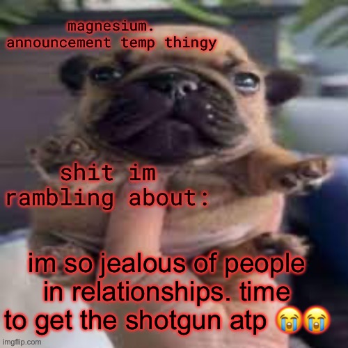 pug temp | im so jealous of people in relationships. time to get the shotgun atp 😭😭 | image tagged in pug temp | made w/ Imgflip meme maker