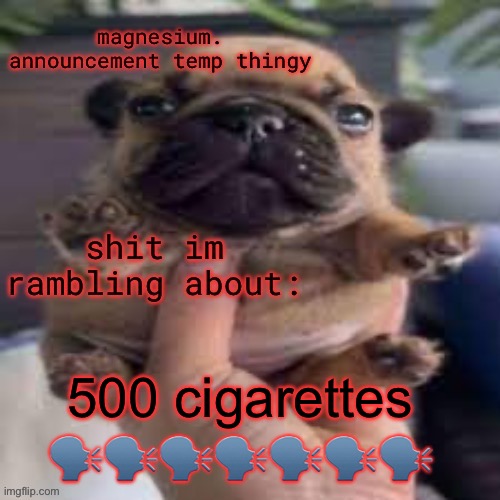 pug temp | 500 cigarettes 🗣️🗣️🗣️🗣️🗣️🗣️🗣️ | image tagged in pug temp | made w/ Imgflip meme maker