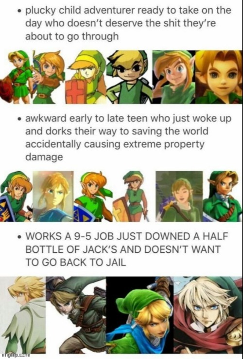 Found this while going through my old texts. Introducing the different categories of Links. | image tagged in legend of zelda | made w/ Imgflip meme maker