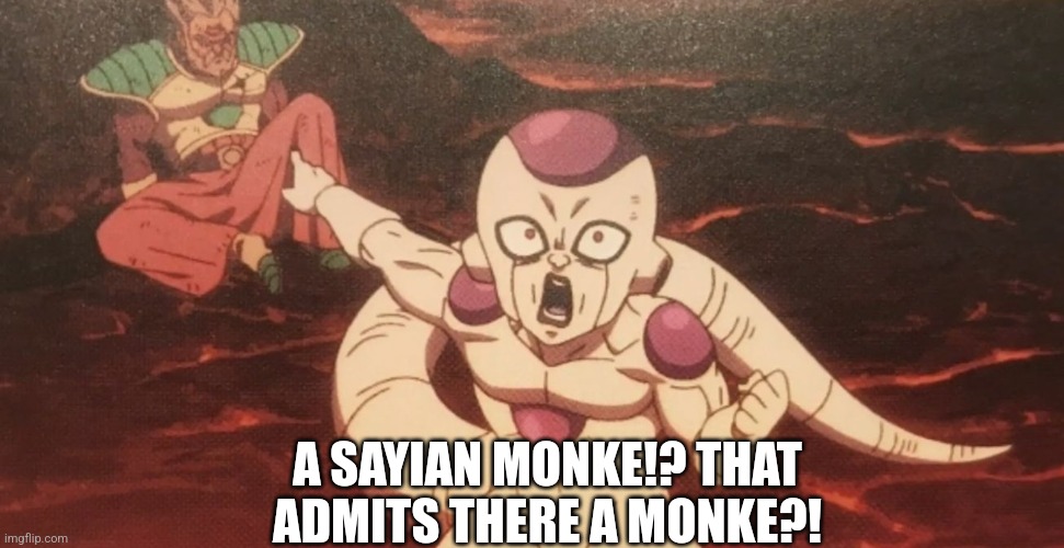 Frieza pointing at Paragus | A SAYIAN MONKE!? THAT ADMITS THERE A MONKE?! | image tagged in frieza pointing at paragus | made w/ Imgflip meme maker