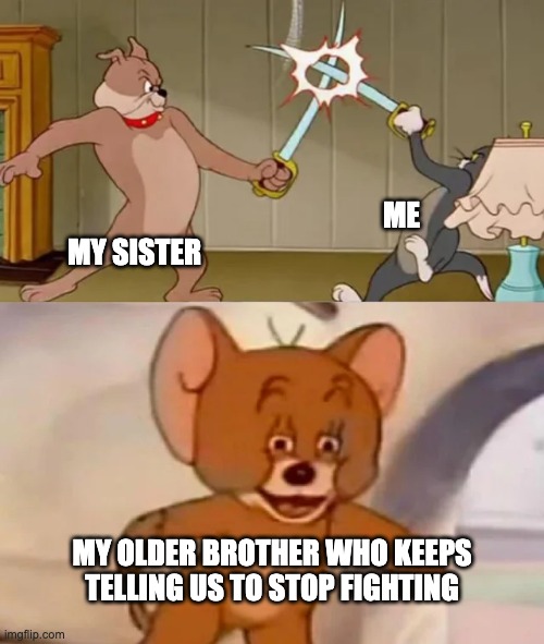 Tom and Spike fighting | ME; MY SISTER; MY OLDER BROTHER WHO KEEPS TELLING US TO STOP FIGHTING | image tagged in tom and spike fighting | made w/ Imgflip meme maker