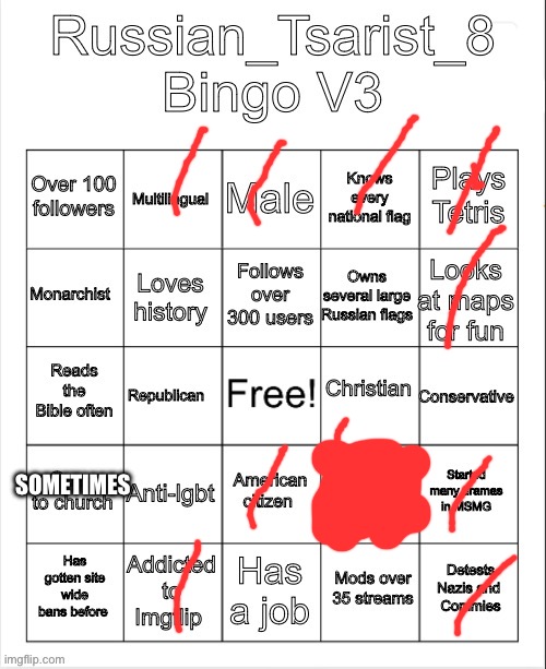 Russian_Tsarist_8 Bingo V3 | SOMETIMES | image tagged in russian_tsarist_8 bingo v3 | made w/ Imgflip meme maker