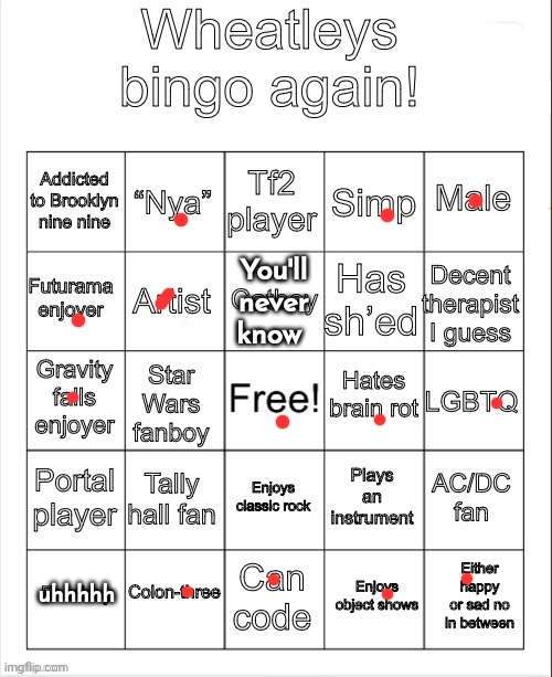 Wheatleys bingo again | You'll never know; uhhhhh | image tagged in wheatleys bingo again | made w/ Imgflip meme maker