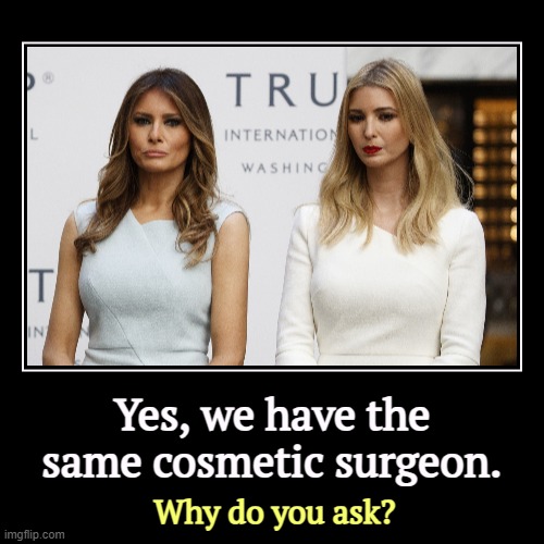 Yes, we have the same cosmetic surgeon. | Why do you ask? | image tagged in funny,demotivationals,melania trump,ivanka,plastic surgery | made w/ Imgflip demotivational maker