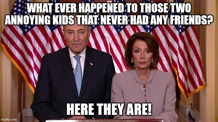 Chuck Schumer and Nancy Pelosi are two misfit dorks all grown up | WHAT EVER HAPPENED TO THOSE TWO ANNOYING KIDS THAT NEVER HAD ANY FRIENDS? HERE THEY ARE! | image tagged in pelosi and schumer | made w/ Imgflip meme maker