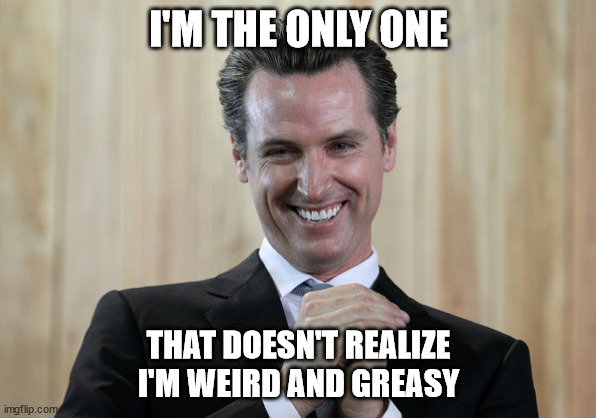 Greasy Gavin Newsom | I'M THE ONLY ONE; THAT DOESN'T REALIZE I'M WEIRD AND GREASY | image tagged in scheming gavin newsom,gavin newsom,greasy | made w/ Imgflip meme maker