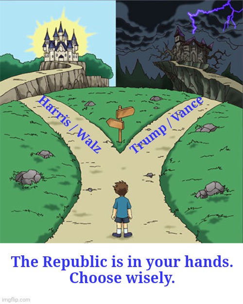 Two Paths | Harris / Walz; Trump / Vance; The Republic is in your hands.
Choose wisely. | image tagged in two paths | made w/ Imgflip meme maker