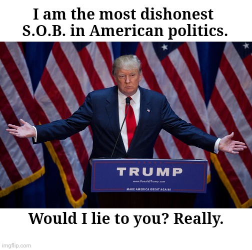 Donald Trump | I am the most dishonest 
S.O.B. in American politics. Would I lie to you? Really. | image tagged in donald trump | made w/ Imgflip meme maker