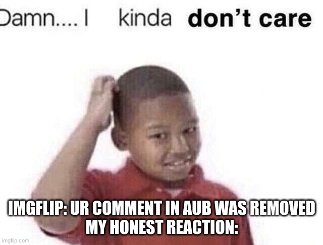 yes i see why it was removed but why at 4 am | IMGFLIP: UR COMMENT IN AUB WAS REMOVED
MY HONEST REACTION: | image tagged in damn i kinda dont care | made w/ Imgflip meme maker