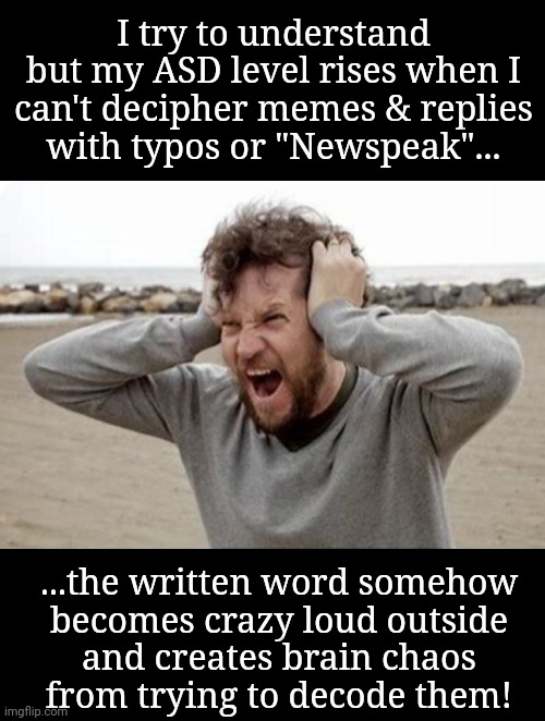 I'm trying to understand you | I try to understand
but my ASD level rises when I
can't decipher memes & replies
with typos or "Newspeak"... ...the written word somehow
becomes crazy loud outside
and creates brain chaos
from trying to decode them! | image tagged in autism,brain,typos,george orwell,stop,chaos | made w/ Imgflip meme maker