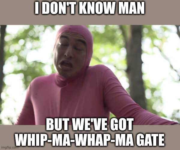 I don’t know man seems kinda gay to me | I DON'T KNOW MAN BUT WE'VE GOT WHIP-MA-WHAP-MA GATE | image tagged in i don t know man seems kinda gay to me | made w/ Imgflip meme maker