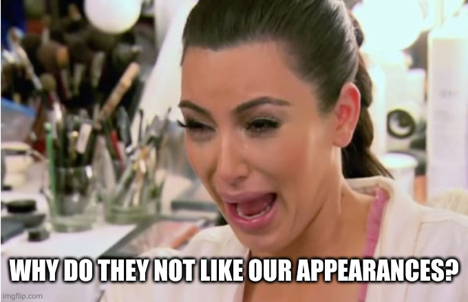 Kim Kardashian Crying | WHY DO THEY NOT LIKE OUR APPEARANCES? | image tagged in kim kardashian crying | made w/ Imgflip meme maker