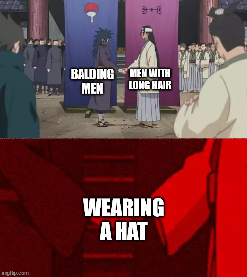 Agreement between balding men and long-haired men | MEN WITH LONG HAIR; BALDING MEN; WEARING A HAT | image tagged in naruto handshake meme template | made w/ Imgflip meme maker