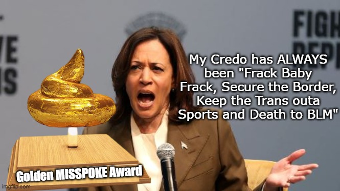 Must've misspoke her Truthiness | My Credo has ALWAYS been "Frack Baby Frack, Secure the Border, Keep the Trans outa Sports and Death to BLM"; Golden MISSPOKE Award | image tagged in kamala misspoke meme | made w/ Imgflip meme maker