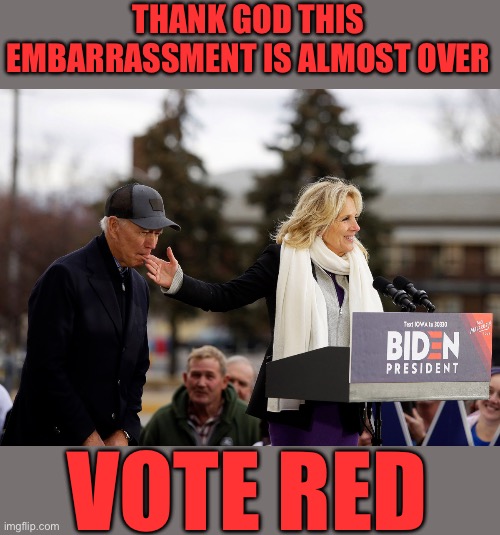 Biden Finger | THANK GOD THIS EMBARRASSMENT IS ALMOST OVER VOTE RED | image tagged in biden finger | made w/ Imgflip meme maker