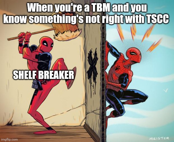 Sensing something wrong | When you're a TBM and you know something's not right with TSCC; SHELF BREAKER | image tagged in deadpool hammers spiderman | made w/ Imgflip meme maker