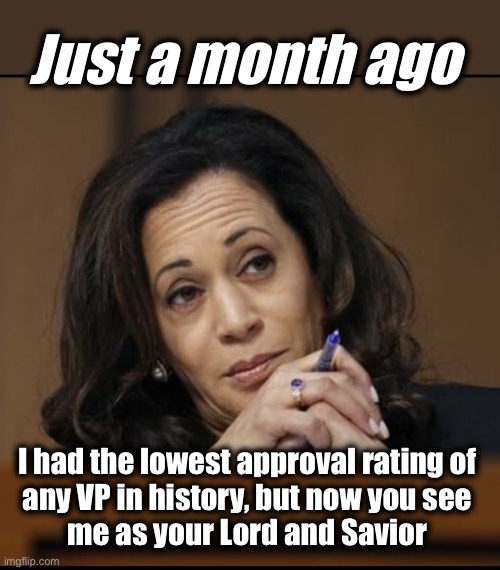 Honeymoon will end quite soon | Just a month ago; I had the lowest approval rating of 
any VP in history, but now you see 
me as your Lord and Savior | image tagged in kamala harris | made w/ Imgflip meme maker