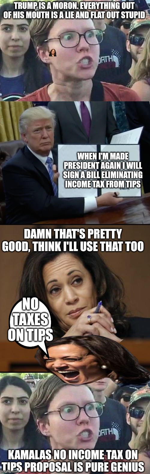 Taxes tips kamala trump | TRUMP IS A MORON. EVERYTHING OUT OF HIS MOUTH IS A LIE AND FLAT OUT STUPID; WHEN I'M MADE PRESIDENT AGAIN I WILL SIGN A BILL ELIMINATING INCOME TAX FROM TIPS; DAMN THAT'S PRETTY GOOD, THINK I'LL USE THAT TOO; NO TAXES ON TIPS; KAMALAS NO INCOME TAX ON TIPS PROPOSAL IS PURE GENIUS | image tagged in triggered liberal,memes,trump bill signing,kamala harris | made w/ Imgflip meme maker