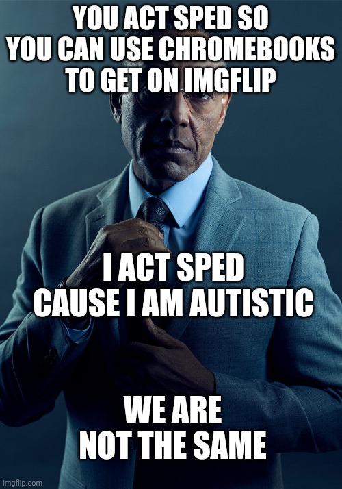 Gus Fring we are not the same | YOU ACT SPED SO YOU CAN USE CHROMEBOOKS TO GET ON IMGFLIP; I ACT SPED CAUSE I AM AUTISTIC; WE ARE NOT THE SAME | image tagged in gus fring we are not the same | made w/ Imgflip meme maker