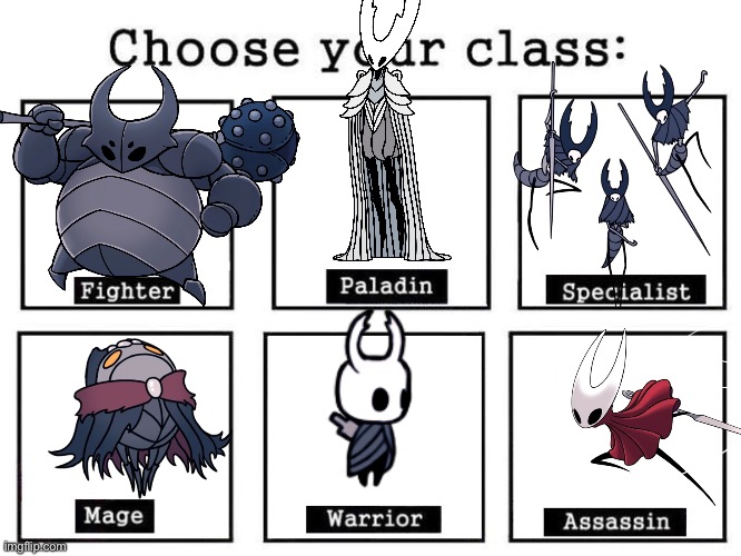 Choose your fighter hollow knight edition | image tagged in choose your class,hollow knight | made w/ Imgflip meme maker