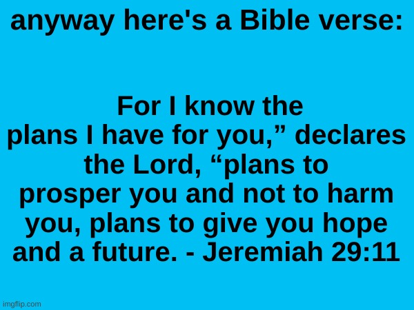 For I know the plans I have for you,” declares the Lord, “plans to prosper you and not to harm you, plans to give you hope and a future. - Jeremiah 29:11; anyway here's a Bible verse: | made w/ Imgflip meme maker