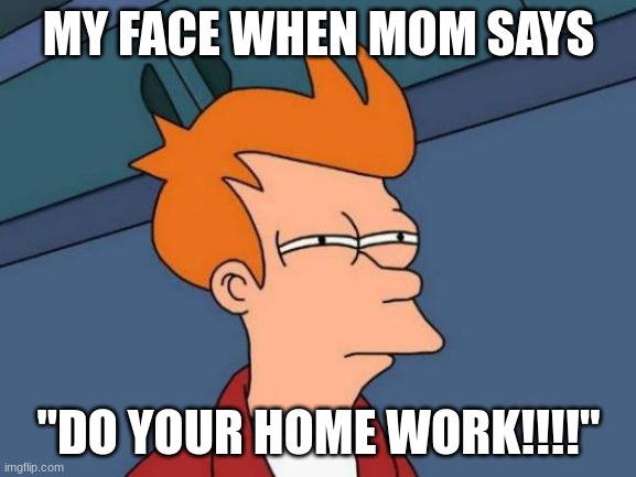 lol so true | MY FACE WHEN MOM SAYS; "DO YOUR HOME WORK!!!!" | image tagged in memes,futurama fry | made w/ Imgflip meme maker