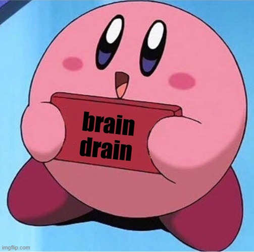 kirby says brain drain | brain drain | image tagged in kirby holding a sign,brain drain,memes | made w/ Imgflip meme maker