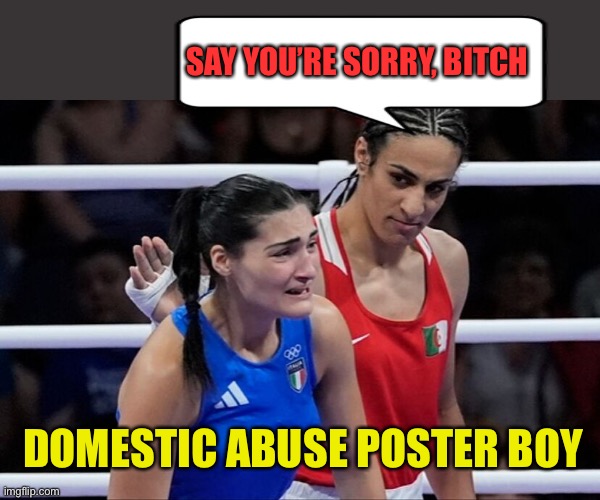 Definition change: Domestic abuse is now Olympic women’s boxing | SAY YOU’RE SORRY, BITCH; DOMESTIC ABUSE POSTER BOY | image tagged in imane khelif,democrats,transgender,domestic abuse,woke | made w/ Imgflip meme maker