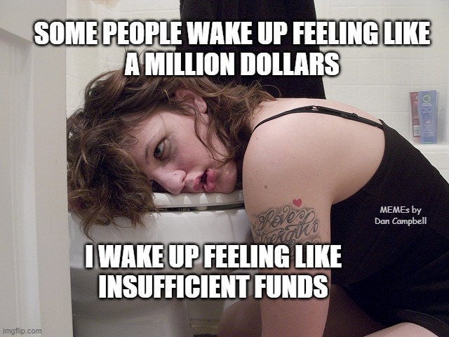 Hung Over | SOME PEOPLE WAKE UP FEELING LIKE
A MILLION DOLLARS; MEMEs by Dan Campbell; I WAKE UP FEELING LIKE
INSUFFICIENT FUNDS | image tagged in hung over | made w/ Imgflip meme maker