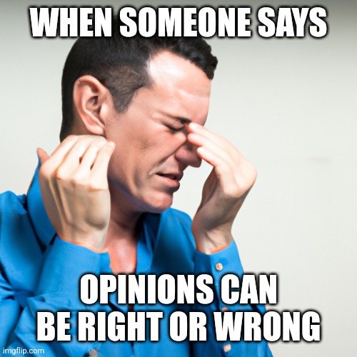 Oh god, how cringe | WHEN SOMEONE SAYS; OPINIONS CAN BE RIGHT OR WRONG | image tagged in oh god how cringe | made w/ Imgflip meme maker