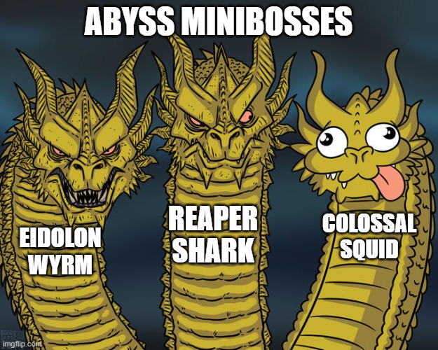 Calamity Mod Abyss bosses | ABYSS MINIBOSSES; REAPER SHARK; COLOSSAL SQUID; EIDOLON WYRM | image tagged in three-headed dragon | made w/ Imgflip meme maker