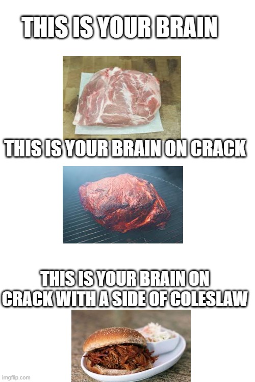 THIS IS YOUR BRAIN; THIS IS YOUR BRAIN ON CRACK; THIS IS YOUR BRAIN ON CRACK WITH A SIDE OF COLESLAW | image tagged in barbecue | made w/ Imgflip meme maker