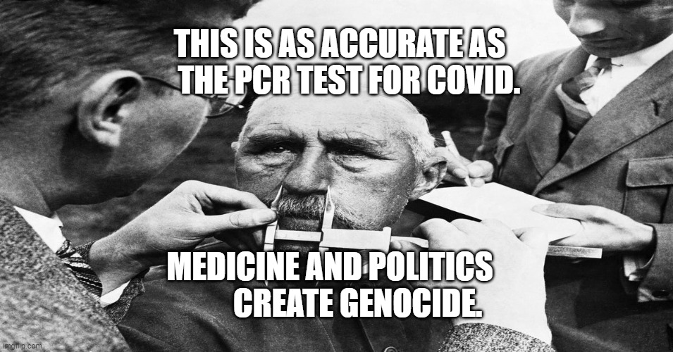 Nazi scientific racism eugenics | THIS IS AS ACCURATE AS     THE PCR TEST FOR COVID. MEDICINE AND POLITICS           CREATE GENOCIDE. | image tagged in nazi scientific racism eugenics | made w/ Imgflip meme maker