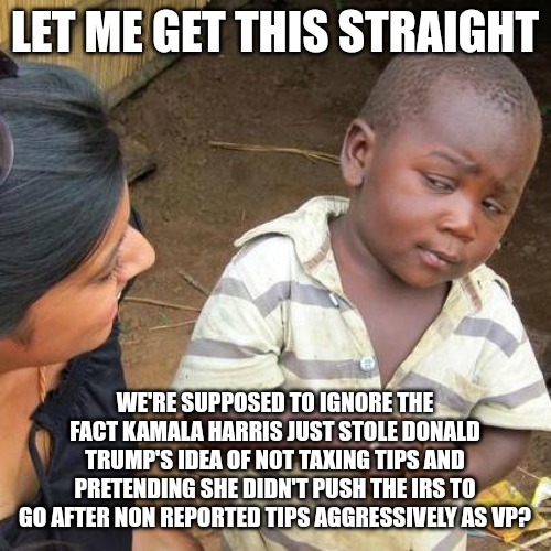 How are you Harris/Walz people so blind? Y'all can't remember past yesterday, apparently. | LET ME GET THIS STRAIGHT; WE'RE SUPPOSED TO IGNORE THE FACT KAMALA HARRIS JUST STOLE DONALD TRUMP'S IDEA OF NOT TAXING TIPS AND PRETENDING SHE DIDN'T PUSH THE IRS TO GO AFTER NON REPORTED TIPS AGGRESSIVELY AS VP? | image tagged in memes,third world skeptical kid | made w/ Imgflip meme maker