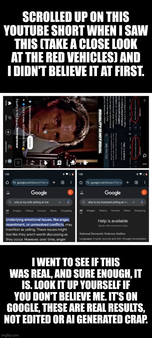 What are your thoughts on this? | SCROLLED UP ON THIS YOUTUBE SHORT WHEN I SAW THIS (TAKE A CLOSE LOOK AT THE RED VEHICLES) AND I DIDN'T BELIEVE IT AT FIRST. I WENT TO SEE IF THIS WAS REAL, AND SURE ENOUGH, IT IS. LOOK IT UP YOURSELF IF YOU DON'T BELIEVE ME. IT'S ON GOOGLE, THESE ARE REAL RESULTS, NOT EDITED OR AI GENERATED CRAP. | image tagged in custom template,gender equality,google chrome,youtube shorts | made w/ Imgflip meme maker