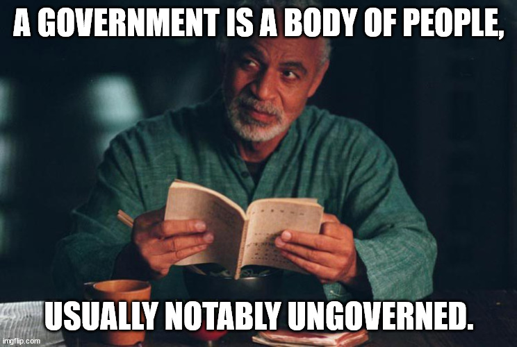 Ungoverned | A GOVERNMENT IS A BODY OF PEOPLE, USUALLY NOTABLY UNGOVERNED. | image tagged in firefly - shepherd book | made w/ Imgflip meme maker