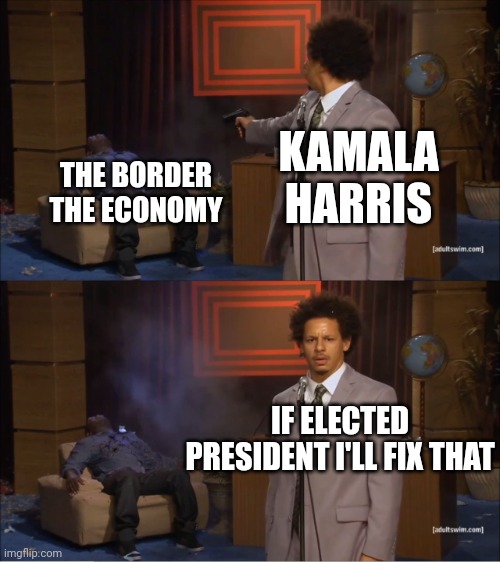 Got em | KAMALA HARRIS; THE BORDER
THE ECONOMY; IF ELECTED PRESIDENT I'LL FIX THAT | image tagged in memes,who killed hannibal | made w/ Imgflip meme maker