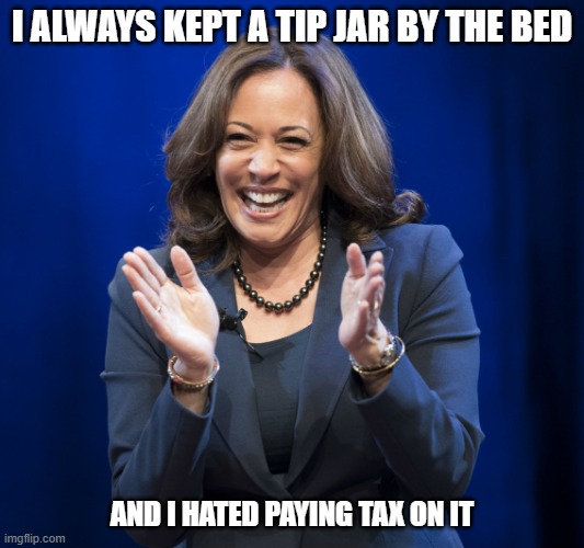 Kamala Harris laughing | I ALWAYS KEPT A TIP JAR BY THE BED; AND I HATED PAYING TAX ON IT | image tagged in kamala harris laughing | made w/ Imgflip meme maker