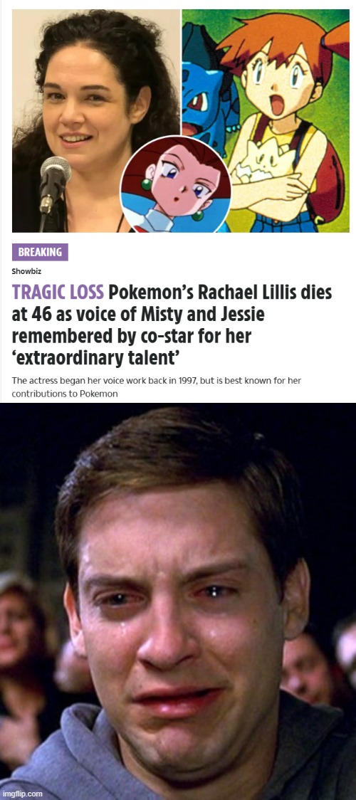 This is truly a bleak day for the Pokemon community, the voice acting community, and the world in general.  F x1,000,000 | image tagged in crying peter parker,rip,pokemon,death,voice,anime | made w/ Imgflip meme maker