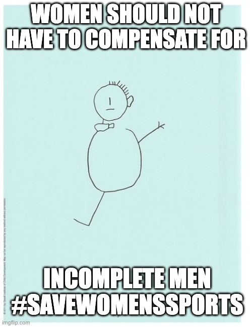 Women Should Not Have To Compensate For Incomplete Men | WOMEN SHOULD NOT HAVE TO COMPENSATE FOR; INCOMPLETE MEN
#SAVEWOMENSSPORTS | image tagged in stick figure drawing incomplete man,save women's sports,dsd,he's a man,no man makes any kind of woman,men help men | made w/ Imgflip meme maker