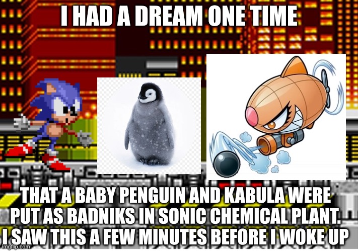 I HAD A DREAM ONE TIME; THAT A BABY PENGUIN AND KABULA WERE PUT AS BADNIKS IN SONIC CHEMICAL PLANT. I SAW THIS A FEW MINUTES BEFORE I WOKE UP | image tagged in sonic the hedgehog,dreams,penguin | made w/ Imgflip meme maker